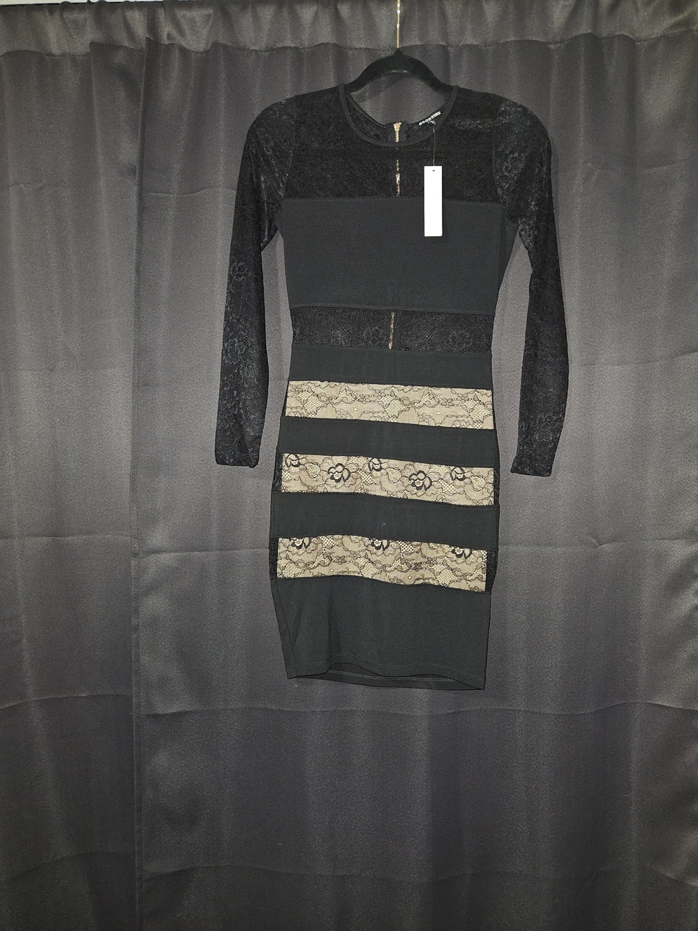 New Long Sleeve Black Lace-Inset Bodycon Dress
